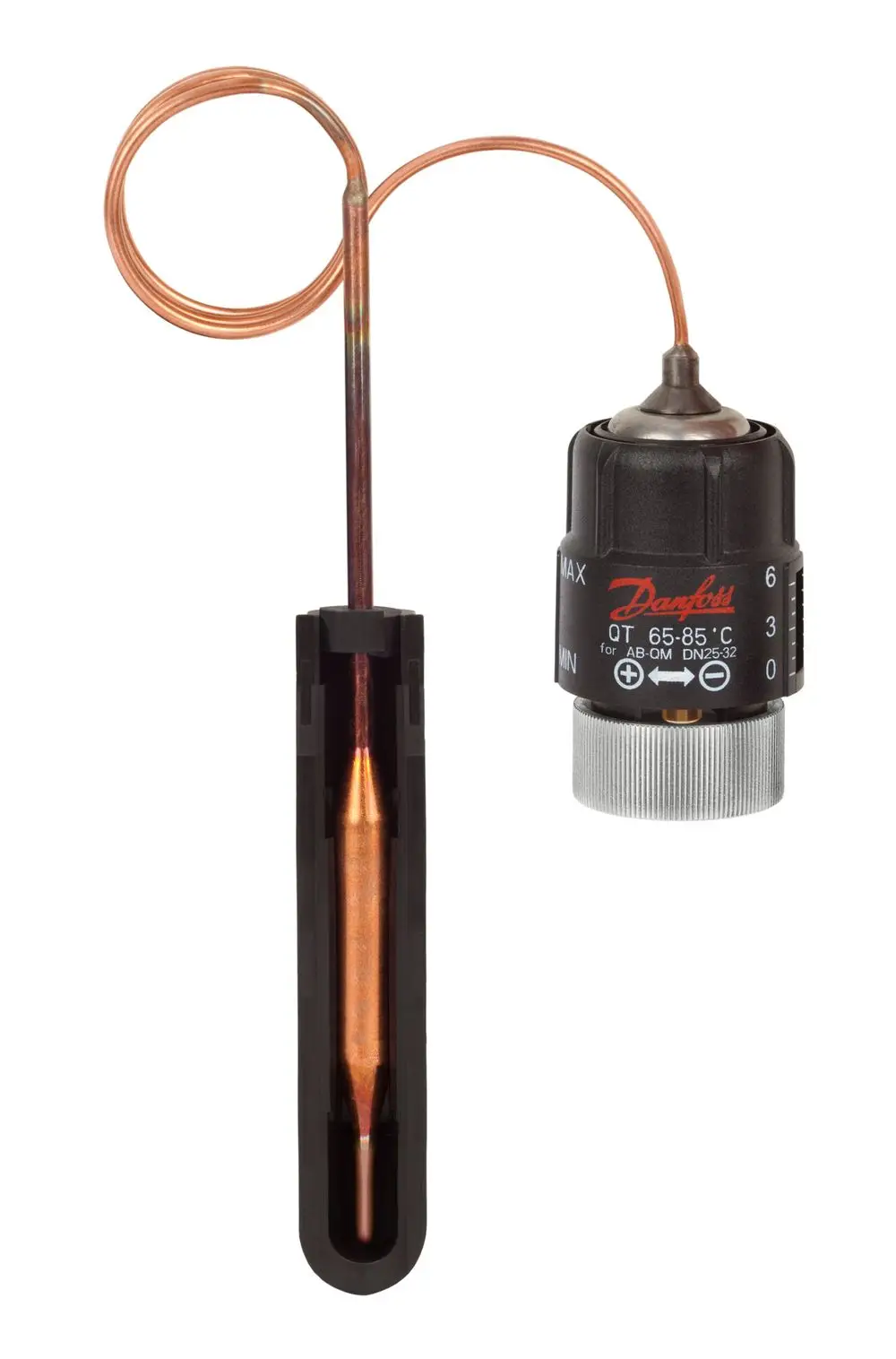 Thermostatischer Stellantrieb von Danfoss mit einem Kupferfühler und einem Einstellknopf, der für Temperaturregelung in Heizsystemen verwendet wird.